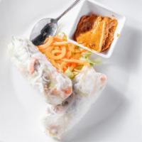 Summer Rolls · Soft rice paper roll filled with lettuce, carrots, cucumber, vermicelli noodles, pork, and s...