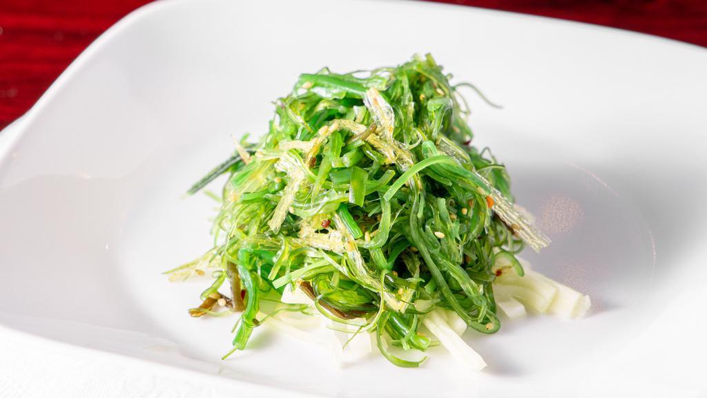 Seaweed Salad · Fresh seaweed salad. Served over a bed of julienned cucumbers and tossed with a Japanese vinaigrette.