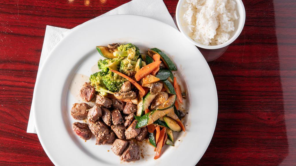 Hibachi · Served with your choice of preparation, rice, and side with fresh steamed squash, broccoli, mushrooms, and carrots.