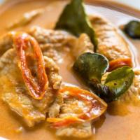 Panang Curry · Mild. A delicately spiced curry in a rich coconut milk, peanut butter, bell peppers & green ...