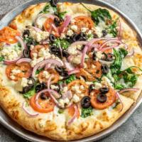 Greek · Our olive oil glaze with fresh garlic topped with a bed of mozzarella cheese, fresh spinach,...
