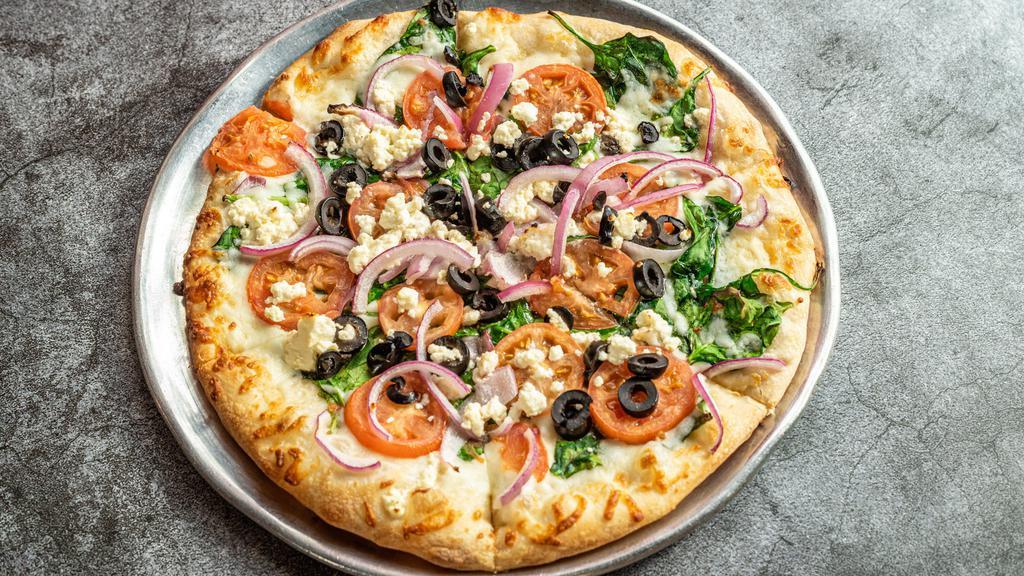 Greek · Our olive oil glaze with fresh garlic topped with a bed of mozzarella cheese, fresh spinach, red onions, black olives, roma tomato slices and feta cheese.