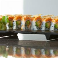 Cornelius Bridge Roll · Shrimp, asparagus, crunch, spicy sauce, topped with crab meat salad, lemon and tobiko.