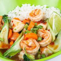 Seafood Rice Bowl · Gluten-free, spicy. Shrimp, scallops, green onions, car rots, crispy greens, and chili-lime ...
