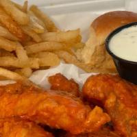 Chicken Tenders (4Pc) · Tossed in your choice of flavors served with a delicious side and dipping sauce.