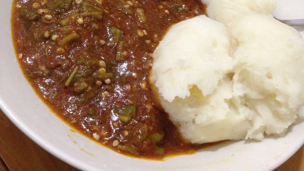 Okra Soup With Fish And A Side  Fufu Or White Rice · 