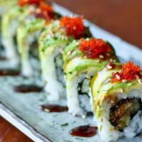 Dragon Roll · Crab meat inside and broiled eel, avocado outside top with eel sauce.