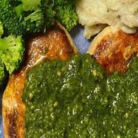 (Gf) Pesto Chicken Dinner · Grilled chicken breast topped with a fresh basil pesto sauce served with Broccoli & Garlic m...