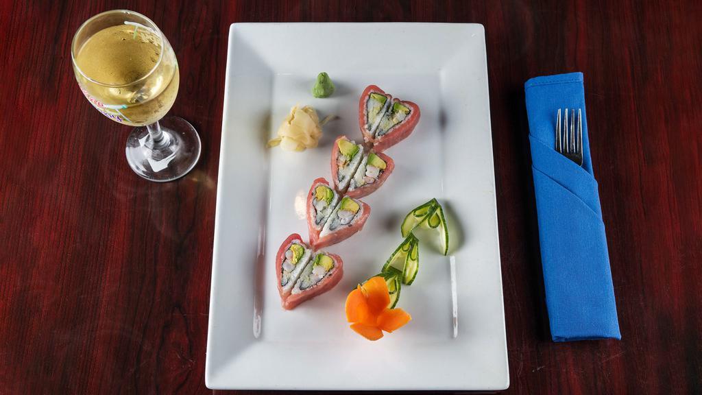 Sweet Heart Roll · Shrimp, avocado, crunchy in side tuna on the top.