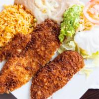 Pollo Empanizado · Chicken breast battered in our seasoned bread crumb and lightly deep fried. Served with rice...