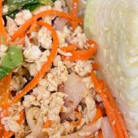 Larb · Hot. Choice of chicken or tofu spiced with basil leaves, red and green onions, mint, cilantr...
