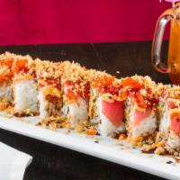 Red Dragon Roll · Contain raw food. Spicy tuna, avocado, cucumber, crunchy, scallions topped with tuna, masago...