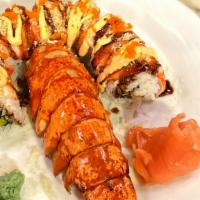 Lobster Roll · Contain raw food. Lobster tempura, avocado; topped with crab stick and shrimp served with a ...