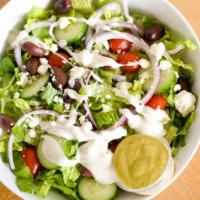 Greek Salad · Chopped Romaine, onions, cucumbers, cherry tomatoes, olives, feta cheese, and Ranch dressing.