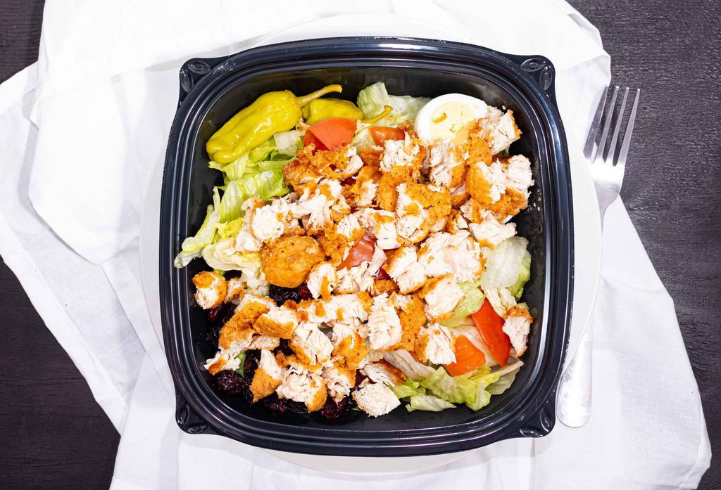 Chicken Salad · Lettuce, tomatoes, olives, banana peppers, hard boiled eggs, dried cranberries, shredded cheddar cheese with a dressing of your choice.