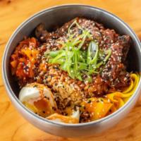 Bulgogi Bowl · Marinated and grilled bulgogi steak, fried rice, kimchi, ginger pickles, and a tender onsen ...