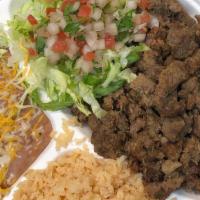 Carne Asada Combo · Steak served with a side of rice, beans, lettuce, pico & 6 corn tortillas.