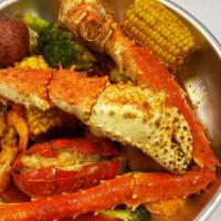 Seafood Platter (P8) · 1/2Lb King crab legs, 1 lobster tail, 1Lb Shrimp (no head) and 1/2Lb sausage. Served with 2 ...