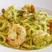 Shrimp Pesto · Shrimp, housemade basil pesto, pine nuts, touch of cream, linguini