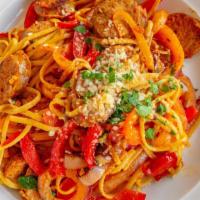Sausages & Pepper Pasta · Italian sausage, olive oil, garlic, onions, bell peppers & linguini