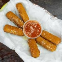 Mozzarella Sticks · Six pieces. Lightly battered deep-fried mozzarella cheese. Served with warm marinara sauce.