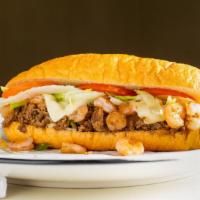 Surf & Turf Combo · Steak and shrimp with onion, cheese, lettuce, tomato, and mayo. Served with choice of drink ...