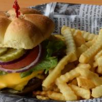 Mj'S Burger · 1/2 lb. Angus Beef patty hand patted on a delicious potato bun. Topped with lettuce, tomato,...