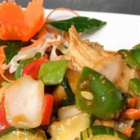 Sweet & Sour Seafood · Scallops, mussels, squids, shrimp stir fry with onions, pineapples, bell peppers, tomatoes, ...