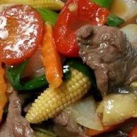 Oyster Sauce · Stir fry in oyster sauce with onion, bell peppers, mushrooms, carrots, tomatoes & spring oni...
