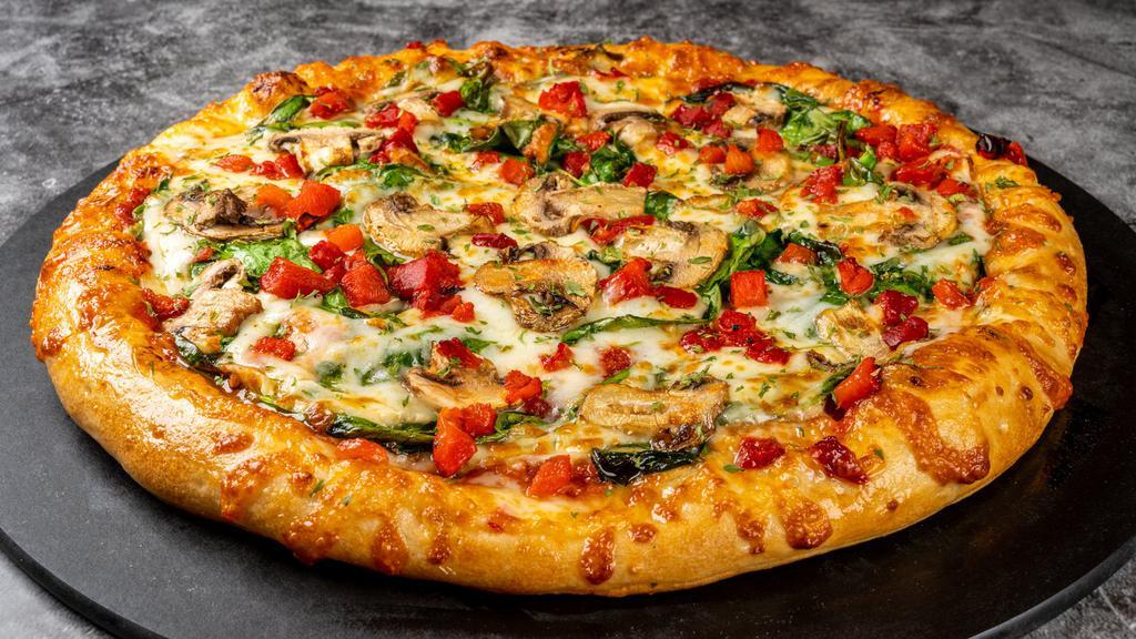Veggie · Red Sauce, Spinach, Mushrooms, Roasted Red Peppers, Red Pepper Flakes.