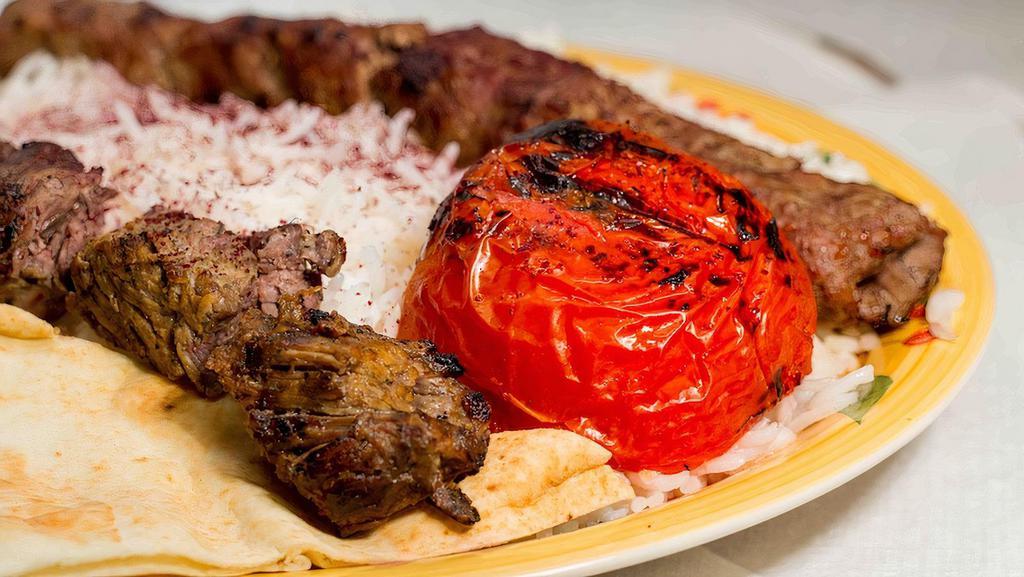 Soltani Kabob Platter · One koobideh, one chicken, or beef, kabob with rice, and grilled tomatoes.