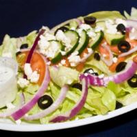 Greek Salad · Light, healthy & Fresh romain, with tomato, cucumber, onion, feta cheese, black olives, and ...