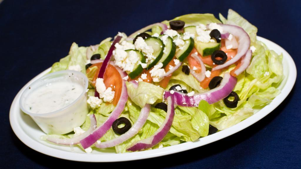 Greek Salad · Light, healthy & Fresh romain, with tomato, cucumber, onion, feta cheese, black olives, and any choice of dressing (balsamic vinegar, italian, or ranch dressing) cooked grapevine leaves stuffed with rice and spices, served with a side of cucumber sauce, or garlic sauce.