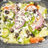 Greek Salad · No meat. Romaine lettuce, tomatoes, cucumbers, feta cheese, red onions, black olives, green ...