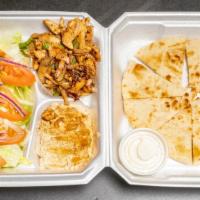 Grilled Chicken Plate · Grilled breast, onions, mushroom, green peppers with side humus, garden salad and pita bread.