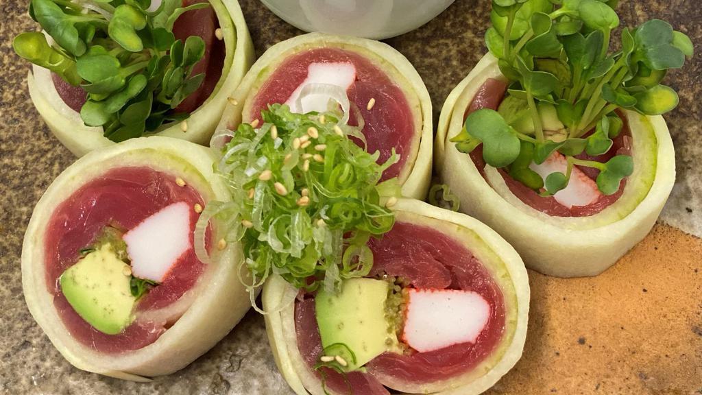 Tuna Salad Roll · No rice. Tuna, avocado, crab stick, and radish wrap with cucumber.