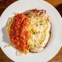 Chicken Parmigiana · Hand pounded cutlet, breaded & sautéed. baked with tomato sauce, topped with mozzarella, and...
