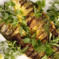 Bransino Mediterranean Dream · Mediterranean stripe bass, white flaky fish with mild flavor grilled and served with lemon o...