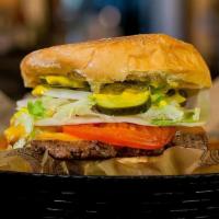 Impossible Pharmacy Burger · Yellow Cheddar, iceburg lettuce, tomato, onion, pickle, yellow mustard