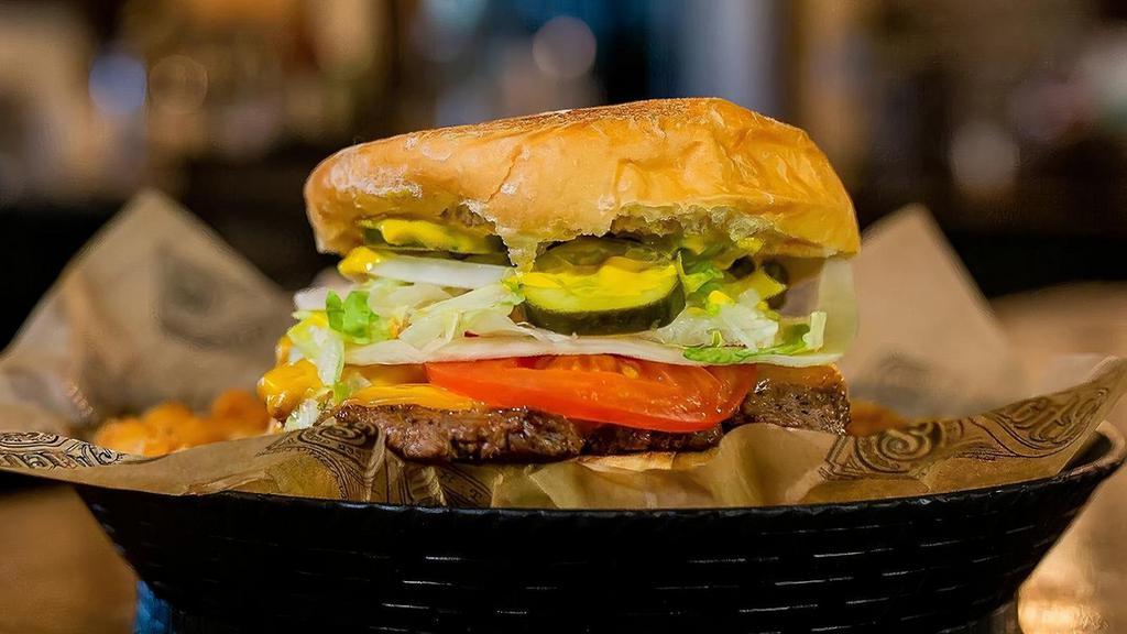 Pharmacy Burger · Yellow Cheddar, iceburg lettuce, tomato, onion, pickle, yellow mustard