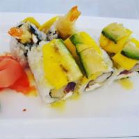 Tropical Roll · Eight pieces. Inside has coconut shrimp and tuna.  Outside has mango, avocado, and mango pur...