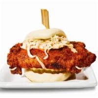 Hot Chicken Bun · single bun with one boneless thigh | Otaku's hot spice | kewpie mayo slaw | steamed bao bun ...