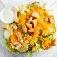 House Salad · Iceberg lettuce, onions, tomato, cucumber, croutons, Cheddar cheese.