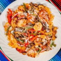 Express Rice · Bed of rice, grilled chicken, steak, shrimp, onions, tomatoes and bell peppers topped with c...