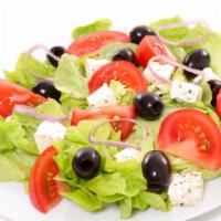 Greek Salad · Crisp romaine lettuce, onion, tomato, cucumber, pepper, kalamata olives, feta cheese and pep...