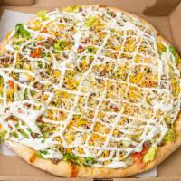 Mexico Taco Pizza (White) (Large) · Ground beef, cheddar shaved cheese, lettuce, tomatoes, onions, ranch and hot sauce.