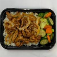 Korean Chicken Don · Grilled chicken and onion with korean spicy sauce on rice and slices cucumber