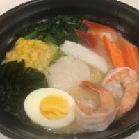 Seafood Ramen · Shrimp, scallop, crab stick, egg, spinach, seaweed and corn.