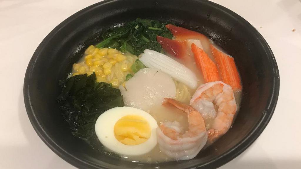 Seafood Ramen · Shrimp, scallop, crab stick, egg, spinach, seaweed and corn.