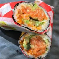 Spicy Salmon Sushi Burrito · Raw salmon, spicy mayo, spicy cucumber and masago. Consuming raw or undercooked meats, seafo...